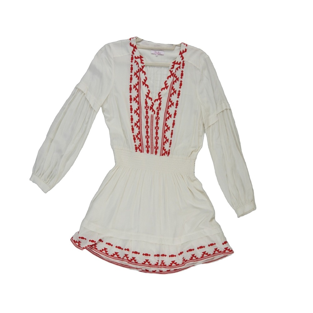 Parker Dress Women's Size Medium Cream Red Embroideredโ Boho Smocked Fit Flare